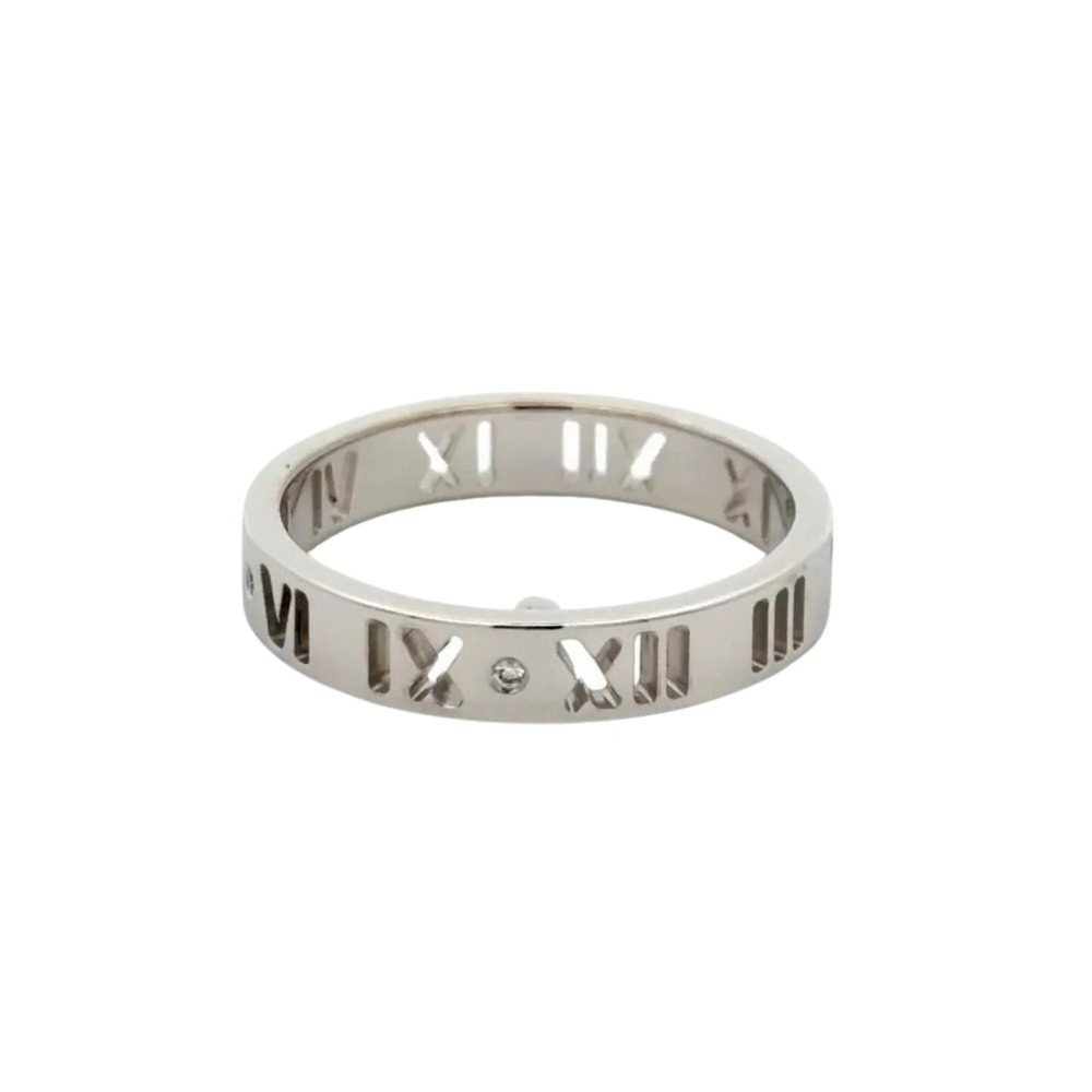 Tiffany & Co. Open Atlas Narrow Ring, 18K White Gold, 3.4g, 4 Diamonds.